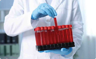 Lab professional holding test tubes filled with blood samples for safe screening and medical processing